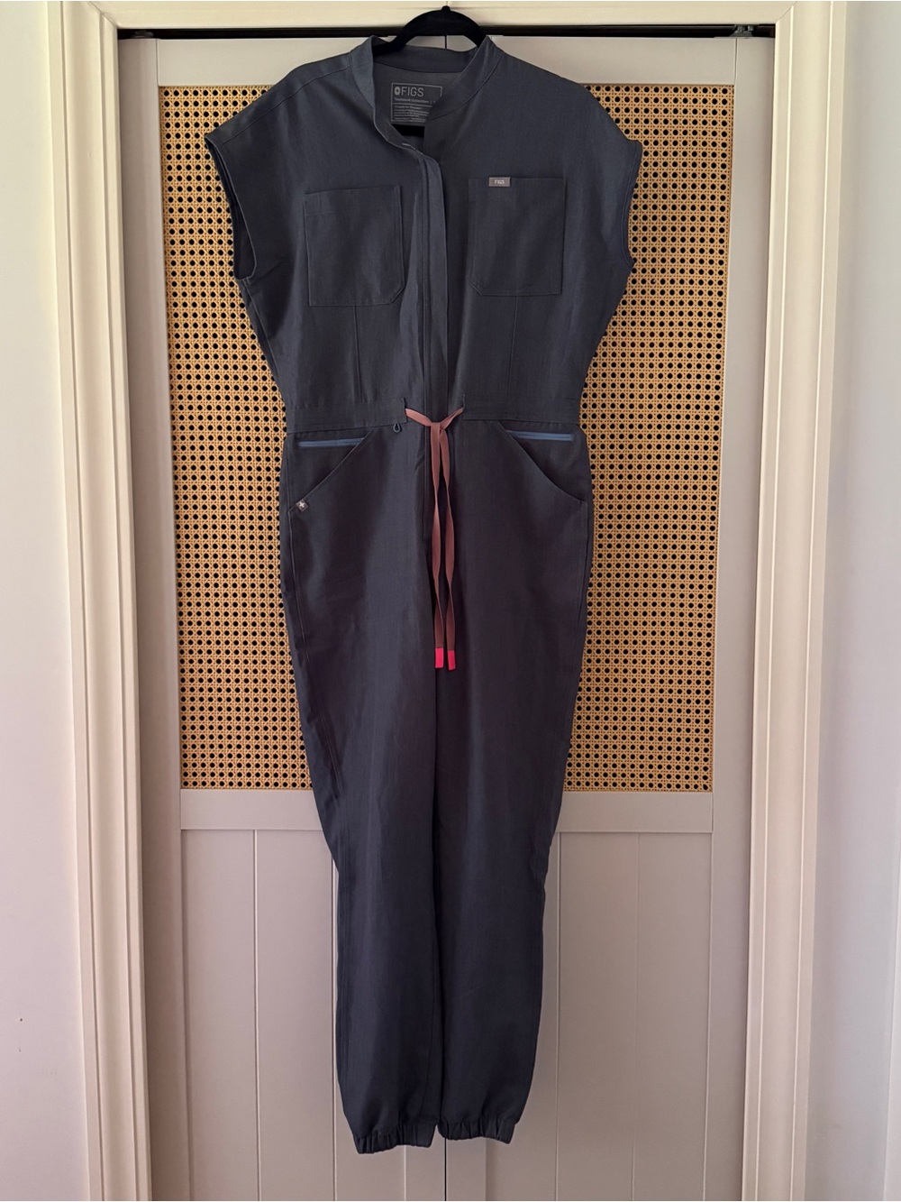 FIGS Rafaela Jogger Jumpsuit Heather Denim Blue Grey Pink Tie Women's M